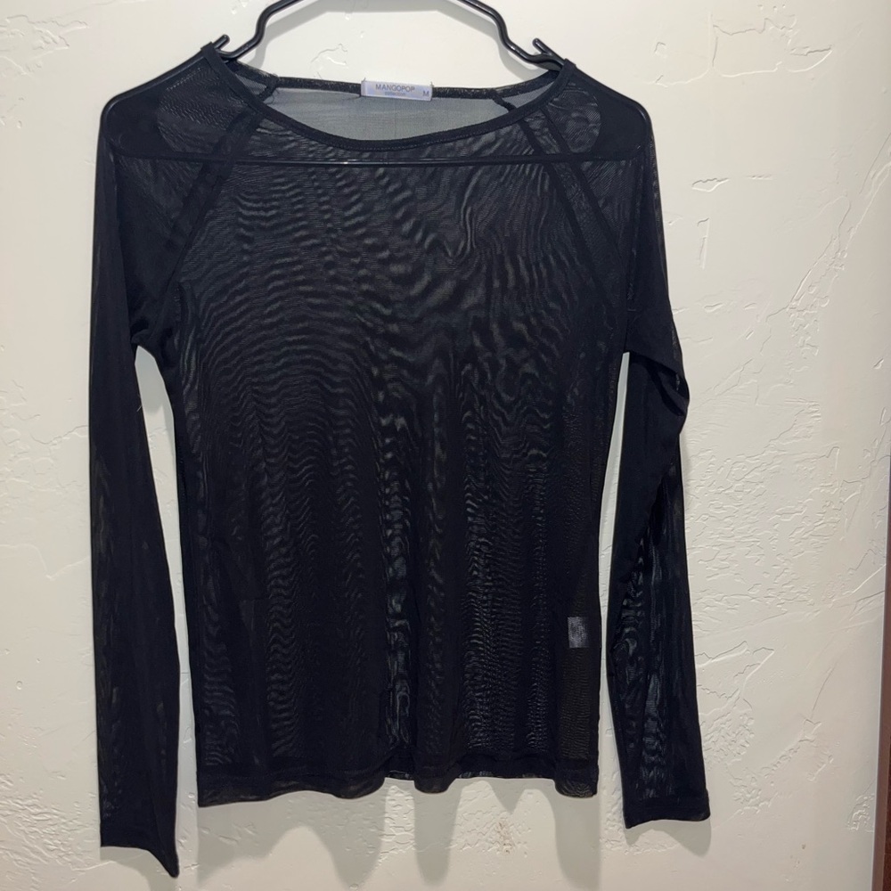 Mango Black Mesh Long Sleeve Top